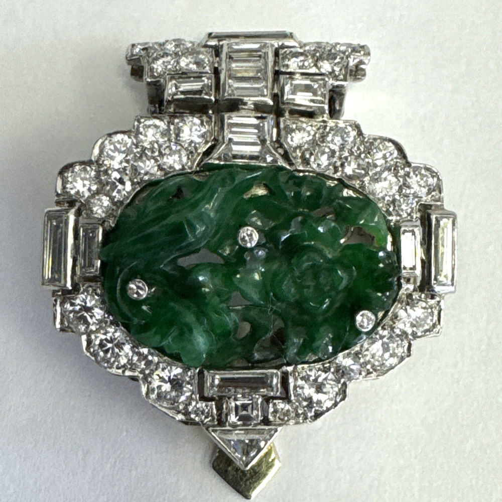 Vintage Platinum Gold Diamond Jade Brooch