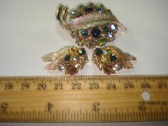 Vintage Gold Tone AB Rhinestone Brooch Pin & Clip-on Earrings Set ART