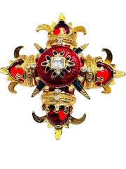 Vintage RJ Graziano Maltese Cross Red Enamel Brooch Pin Gold Tone Blue Baguettes