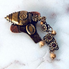Vintage Mixed Metal Floral Dangle Brooch Boho Hippie Gypsy Style Beaded Accent