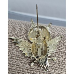 Vintage Owl Brooch Pin Gold Tone White Enamel Green Eyes Rhinestone Jewelry