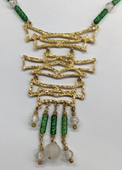 Vintage Chunky Huge Textured Gold Tone Pendant Faux Jade Asian Beaded Necklace