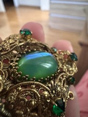 RARE Vintage Czech 1960s Green Saphiret Sapharine Pendant Necklace Opaline Glass