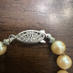 Vintage Glass Pearl Necklace Hand Knotted GSILVER Filigree Clasp 32 Grams, Cream
