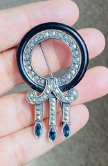 VINTAGE 925 STERLING SILVER ONYX SAPPHIRE MARCASITE ART DECO BROOCH PIN 11-GRAMS