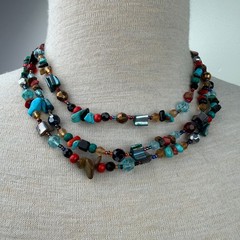Three Strand Glass, Stone, Turquoise, Mother of Pearl Beaded Necklace 17.5-20.5″