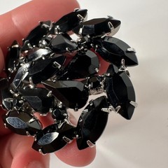 Vintage Jet Black Rhinestone Brooch Silver Tone Marquise Statement Pin