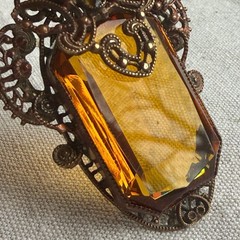 Antique Czech Amber Glass Filigree Pendant Necklace Rhinestone Chain Art Deco
