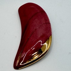 Modern Glazed Ceramic Art Modernist Brutalist Brooch Pin Burgundy /Gold