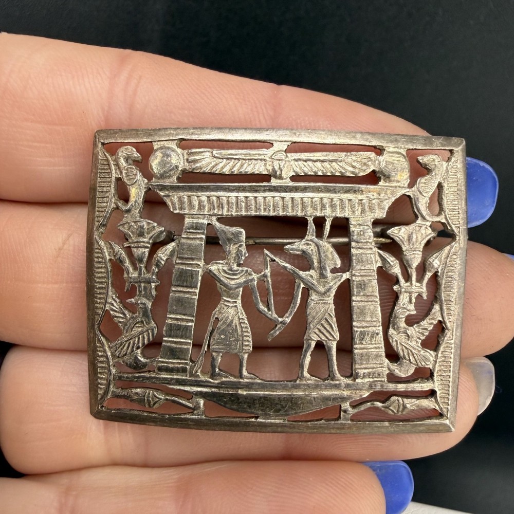 Vintage Egyptian Revival Storyteller Brooch Silver Tone Stamped Trombone Clasp