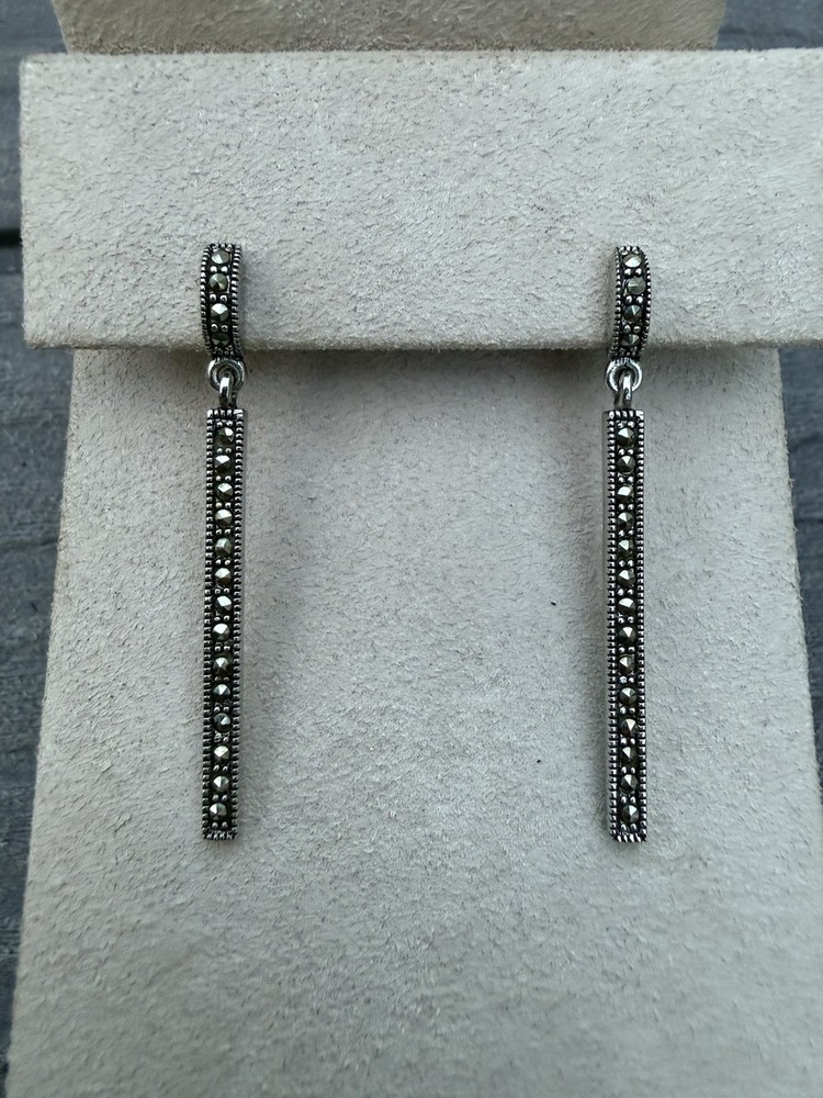 Vintage 925 Sterling Silver Thailand Marcasite Bar 45mm Dangle Drop Earrings.