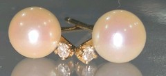 Vintage 14K Yellow Gold Akoya Cultured Pearl Diamond Stud Earrings Fine Estate