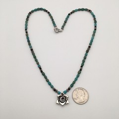 925 Sterling Silver Natural Turquoise & Black Onyx Flower Necklace 20” #42