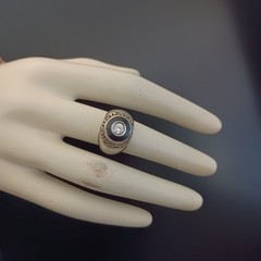 Chunky Silver Signet Ring Black Enamel Crystal Vintage Statement Domed Men Women