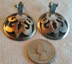 Guad Jal Mexico 925 G.B Sterling Silver Round Screw Back Earrings 1.25″ Dia VTG