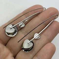 VTG BLUE FOIL GLASS SILVER HEART LONG DROP EARRINGS HOOK EAR WIRE 2”