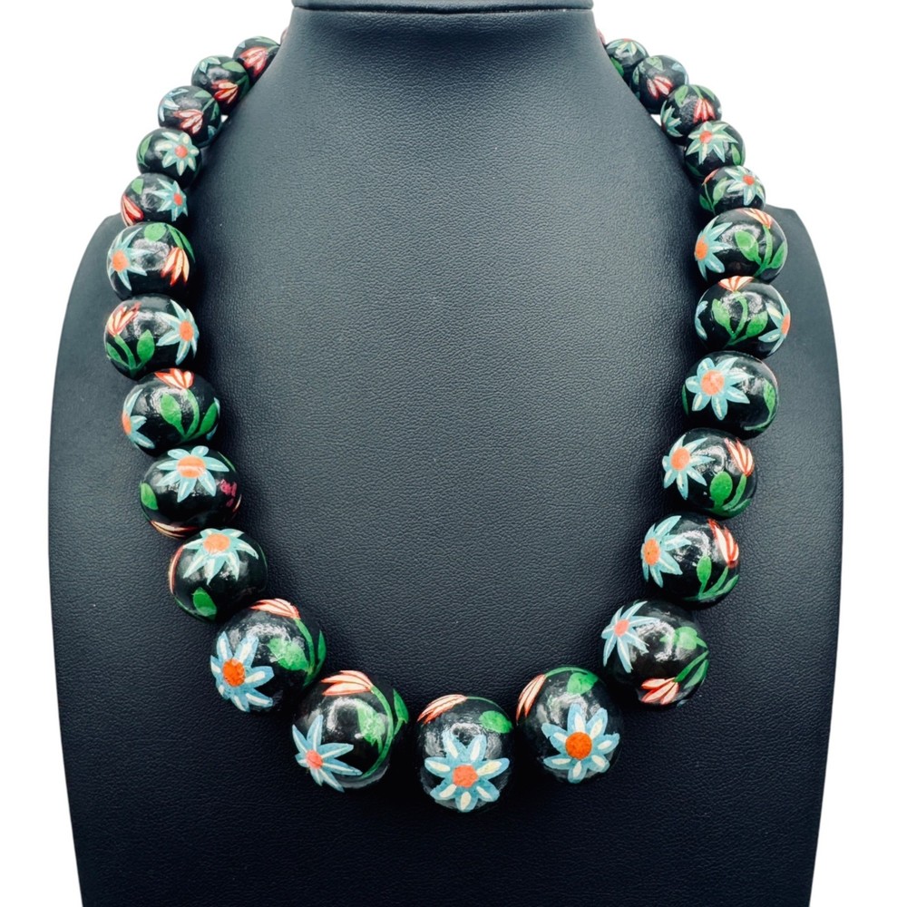 Vintage Chunky Hand Painted Wood Bead Necklace Black Multi-Color Floral BOHO