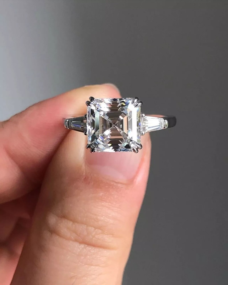 2.50Ct Asscher Cut Lab-Created Diamond With Sided Taper Baguette 925 Silver Ring