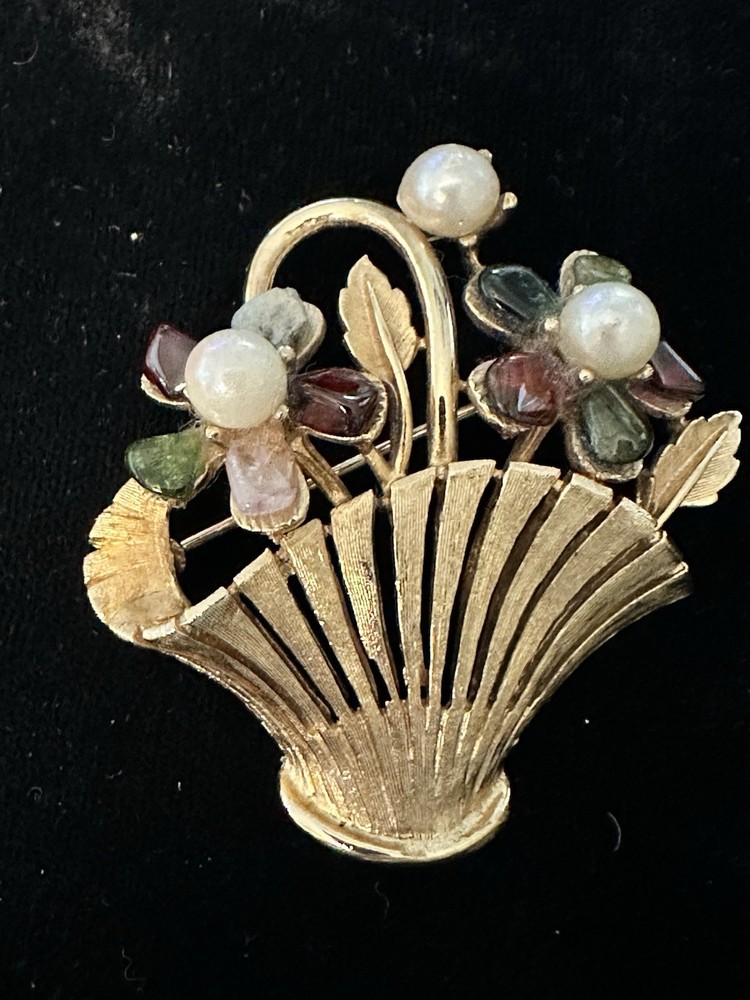 Vintage Pearl Jade Garnet Rose Quartz Flower Basket Brooch Gold Tone Swoboda?