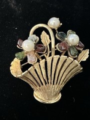 Vintage Pearl Jade Garnet Rose Quartz Flower Basket Brooch Gold Tone Swoboda?