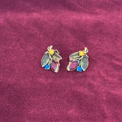 Vintage Mid Century Multicolor Rhinestone Leaf Cluster Clip On Earrings