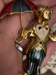 Vintage Green Blue Red White Enamel Gold Tone CLOWN With UMBRELLA Brooch Pin