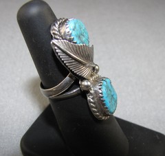 Vintage Navajo 2 stone turquoise sterling silver feather ring size 6-3/4 8.0 grm