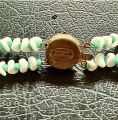 Miriam Haskell Vintage Signed Double Strand White Shell & Aqua Beaded Necklace