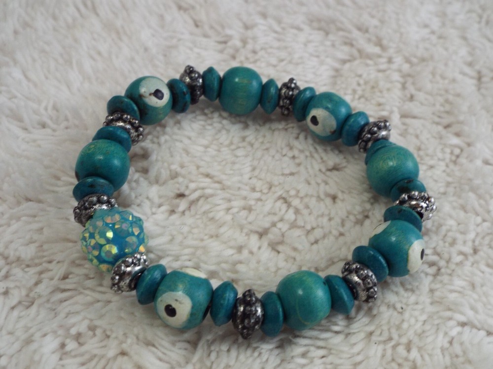 Teal Wood Bead God’s Eye Bead Stretch Bracelet (G20)