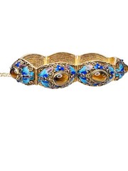 Vintage Chinese Export Gilt Silver Enamel Mesh Filigree Bracelet Tigers Eye Nice
