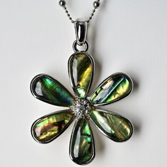 LIA SOPHIA Original Vintage Signed Abalone Flower Lily Pendant Silver Necklace