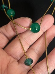 Jade Green Glass Stone Necklace Single Strand Lucite Beaded Flapper Gold Tone
