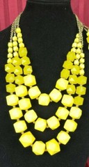Yellow Faceted Square Beads 3 Strand Necklace with Matching Pierced Earrings