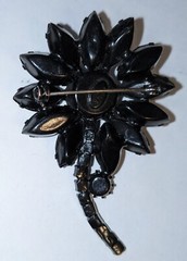 Vintage Weiss Black Rhinestone Mourning Flower Brooch Japanned Back Signed