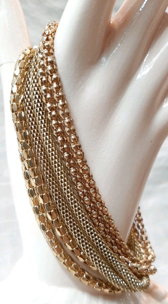 VTG Goldtone Multiple Mesh Tubular 6-Chain Bracelet/Anklet Adjustable 9″-11″L