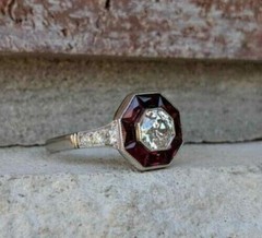 Art Deco Lab-Created Diamond & Garnet Hexagonal Frame 14K White Gold Finish Ring