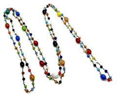 Vintage Venetian Lampwork Glass Bead Necklace Multicolor Swirl Long Boho 56″