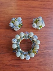 VTG Glass Bead Crystal Brooch Earring Jewelry Set