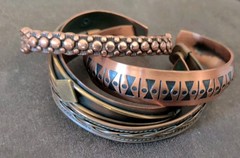 Lot of 4 Vintage Solid Copper Cuff Bracelets Southwestern Stamped Message Stack