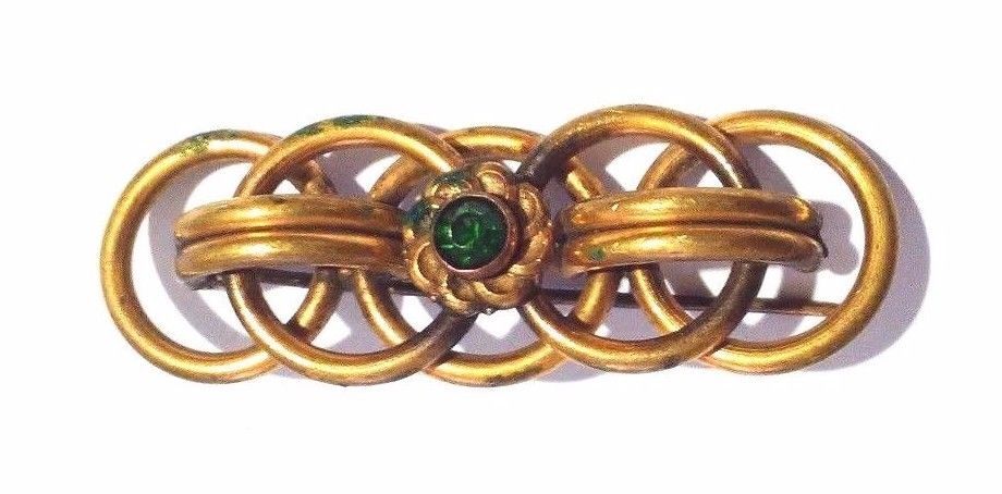 Brooch Brass Old Vintage Handmade Green Glass Stone Hand Work Retro Mid Century