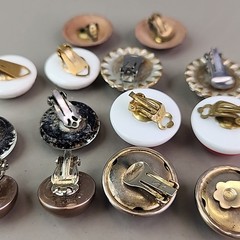 Vintage Round Clip On Earrings Lot of 7 Red White Blue Brown Acrylic Resin