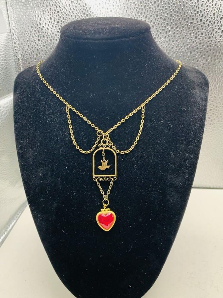 Vintage Boho Quirky Love Bird Dove Pink Photo Heart Locket Statement Necklace