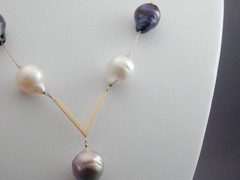 Vintage 14-18mm Gray Black White Baroque Pearl V Necklace 14k 17.75” Tahitian