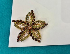 Vintage Rhinestone Brooch Flower Star Brown Green Rainbow AB Beautiful Prong Set