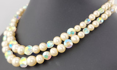 Vintage Marvella Signed 2 Strand Lucite Pearl AB Crystal Waterfall Necklace 16″