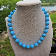 Vintage German Glass Bead Statement Necklace Hand knotted Sky Blue 15.5 in. +2in