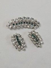 Vintage Mid Century B David Emerald Green Crystals Brooch & Clip Earring Set