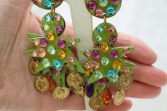 Vintage Green Resin Metal Christmas Tree Colorful Clip-On Dangle Earrings 4″