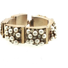 Vintage Gold‑Tone Pearl & Rhinestone Bracelet – Hinged Link Design, Cluster Pear