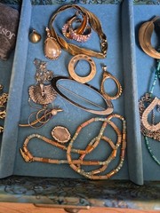 Vtg Jewelry Box With VTG- Now Costume Necklaces, Earings, Brooches, Pins, Etc.